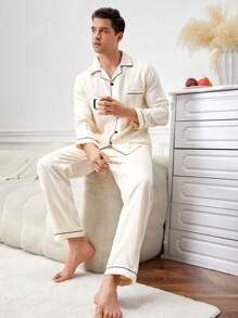 2pcs Men's Contrast Binding Pajama Set - Long Sleeve Top And Pants - Champagne - View 1