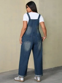SHEIN EZwear 大码女式口袋宽松阔腿休闲牛仔背带裤 - 中等水洗藍 - 查看 3