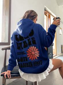 Floral & Slogan Graphic Drop Shoulder Hoodie - Royal Blue - View 5