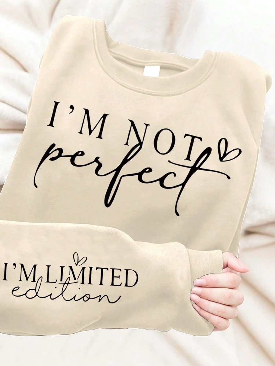 Flirla Áo nỉ cổ tròn dài tay thường ngày cỡ lớn có in chữ tiếng Anh - Màu be - Xem 1