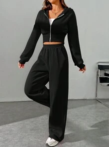 SHEIN EZwear Women's Spring Fashionable Black Zip Front Hoodie Sweatshirt And Pants Two Pieces Set - Black - View 5