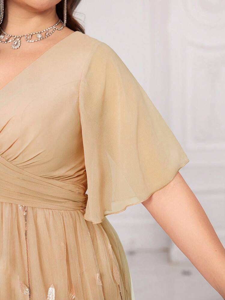 UNITHORSE [Random Cut] Plus Size V-Neck Ruffle Sleeve Chest Ruched Leaf Mesh Embroidery Sequin Dress Wedding - Champagne - View 6