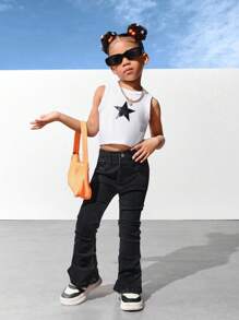 SHEIN Explorewe Young Girls' Black Washed Elastic Ruched Flare Leg Jeans - Black - View 5