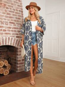 SHEIN LUNE Casual extra lang damesoverhemd met blauwe en witte print en split aan de voorkant