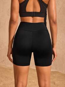Exploreva Quần short thể thao lưng cao màu trơn dành cho nữ - màu đen - Xem 9