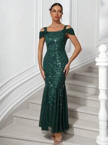 SHEIN Belle Long Mermaid Style Sequin Embellished Formal Gown, Party Dress, Wedding Dress, Prom Evening Dress, For Wedding Guest, Graduation, Dinner, Christmas For Holiday Party Clothes - Dark Green - View 6