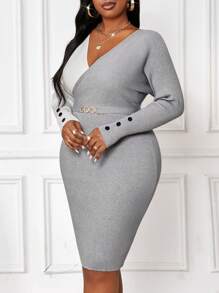 SHEIN Lady 秋冬季优雅灰色精纺 V 领冬季连衣裙长袖新品大码毛衣商务休闲女装 - 彩色 - 查看 6