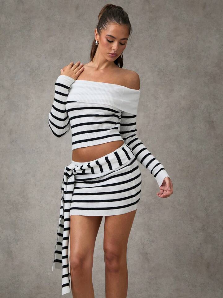 SHEIN BAE Casual Colorblock Gestreepte Off Shoulder Off Shoulder Trui En Minirok Set Voor Lente En Herfst Herfst Dames Truien Dames Trui Sets Herfst Truien Winterset Gestreepte Trui SHEIN Nederland