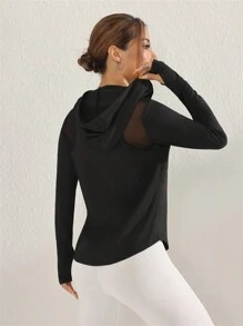 SHEIN With My Calm 网眼撞色长袖卫衣，休闲运动卫衣 - 黑色 - 查看 2