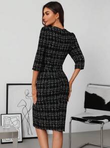 SHEIN Clasi Đầm midi dài tay ngắn thanh lịch cho nữ - Đen và trắng - Xem 3