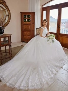 优雅婚纱手工串珠贴花精美婚纱，适合婚礼、新娘礼服、新娘