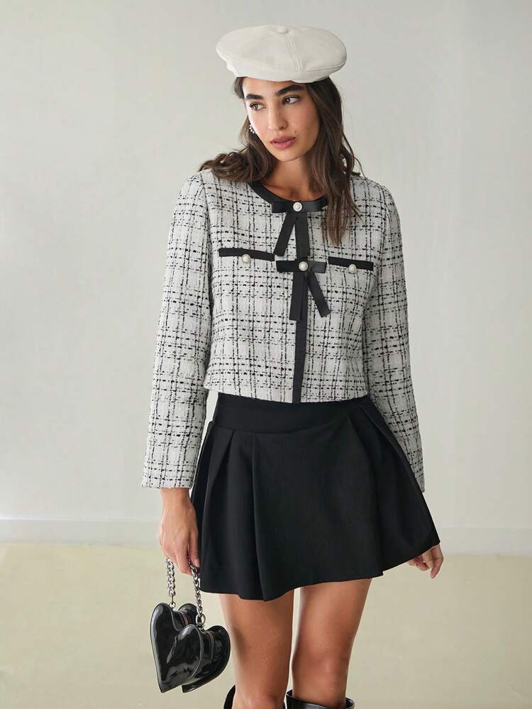 Autumn Women's Coat Women's Sweet And Cute Plaid Contrast Tweed Long-Sleeved Coat Bow Decoration Autumn And Winter