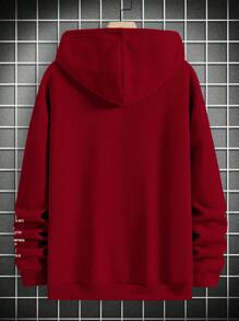 Manfinity Homme Loose Fit Men's Slogan Printed Drawstring Hooded Fleece Sweatshirt - Burgundy - View 2