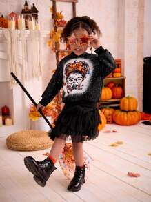 Young Girls Halloween Graphic Print Black Loose Pullover Sweatshirt - Black - View 3
