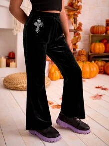 年轻女孩和年轻女孩的黑色水钻喇叭裤，秋季休闲装 - 黑色 - 查看 3
