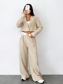 SHEIN EZwear Contrast Color Strapless Top + Long Sleeve Blazer + Stripe Printed Pocket Pants, Women Suit Set - Black and White - View 3