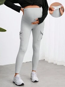 SHEIN 孕妇纯色可调节腰部紧身裤 - 灰色 - 灰色 - 查看 4