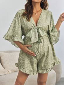 Bộ đồ liền thân ống rộng thắt nơ phía trước cho bà bầu khi đi nghỉ ở thành phố - màu xanh lá - Xem 4
