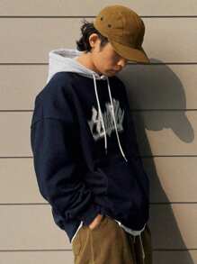 DAZY 男士休闲字母印花落肩长袖抽绳连帽衫，春秋季 - 藏蓝色 - 查看 8