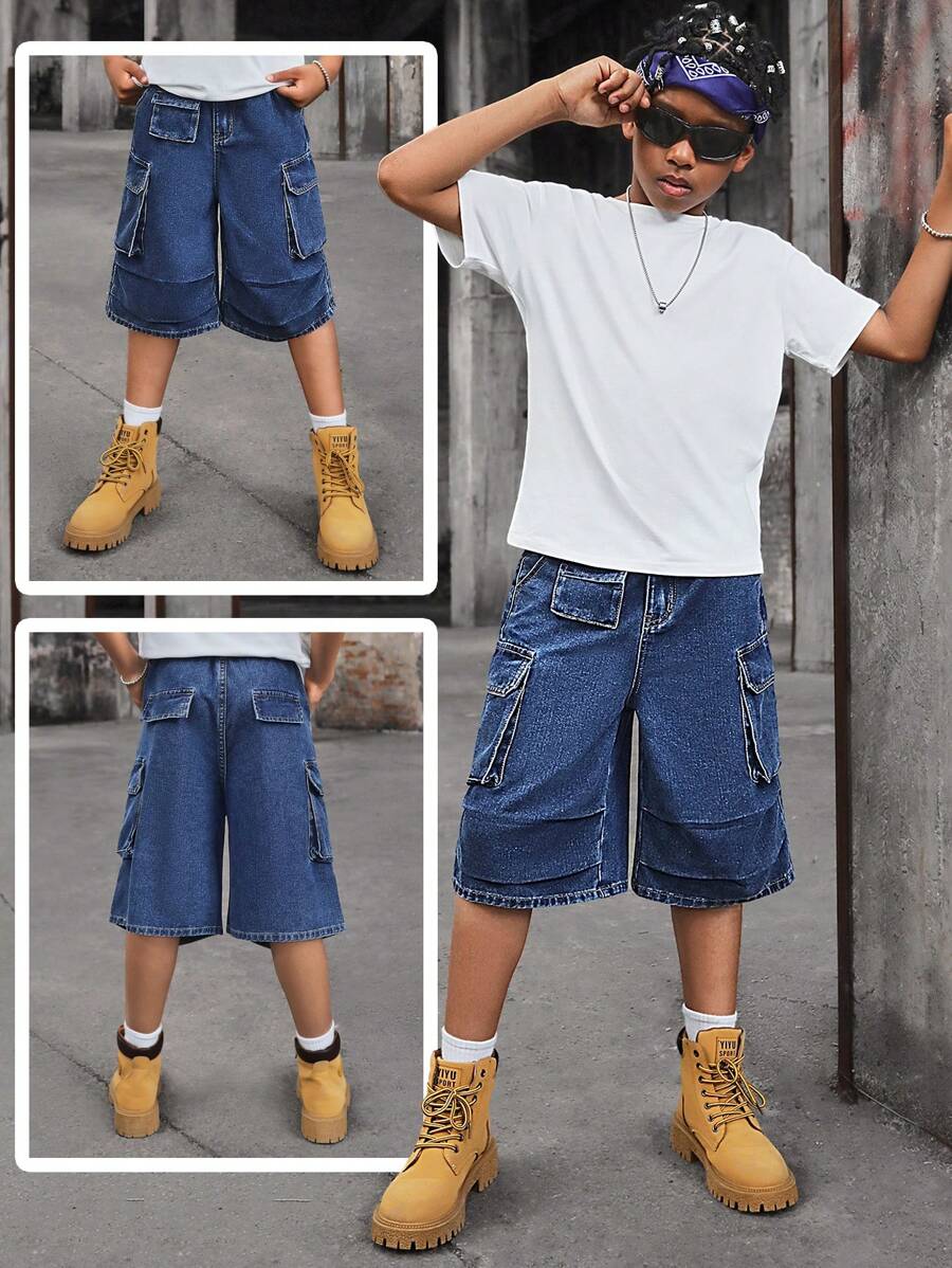 SHEIN Quần short denim rộng thùng thình nhiều túi phong cách đường phố cho bé trai tuổi teen, dành cho quần áo trở lại trường và mùa thu cho bé trai - Rửa tối - Xem 1
