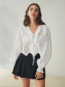 Enchnt Spring/Summer Romantic  French White Embroidered Ruffled Hem Lace-Up Autumn Long-Sleeved Blouse&Top, Sweet&Elegant For Wedding&Holiday &Sweet Date&Daily&Vacation&Bohemian - White - View 6