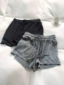 Attitoon Conjunto de 2 piezas, pantalones cortos a rayas cómodos y casuales para dama en casa, verano - Multicolor - Ver 1