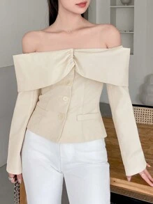DAZY Women's Elegant Solid Off Shoulder Blazer, Spring And Summer,Fall Clothes Business Attire Cute Tops - Beige - View 1