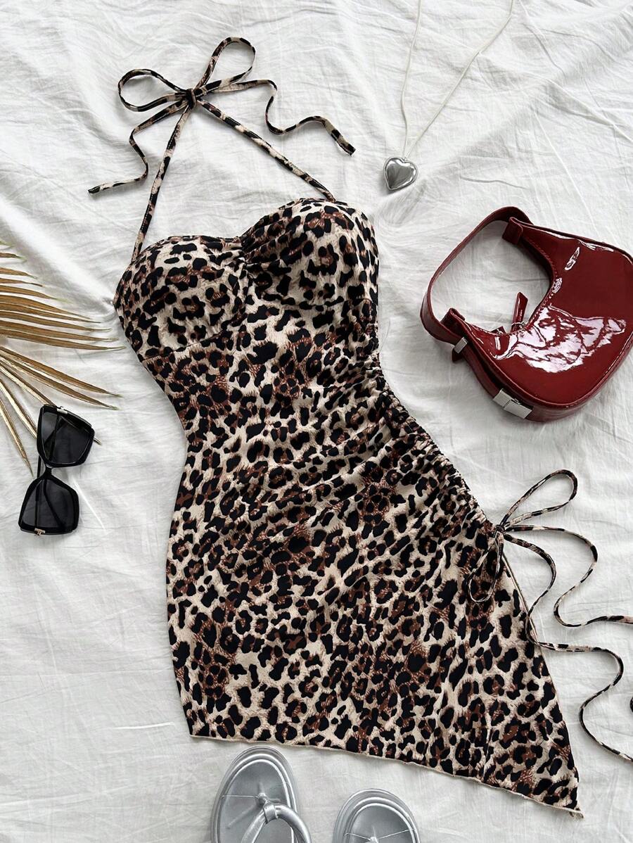 Soleia 性感吊带抽绳不对称下摆修身豹纹连衣裙，夏装 - 棕色 - 查看 1