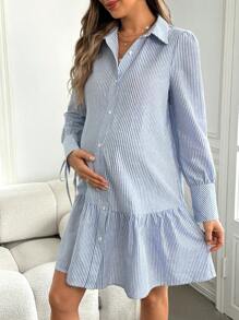 SHEIN Vestido midi de manga larga con cuello polo a rayas para embarazadas, otoño