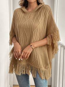 Chiquease 女士纯色简约休闲流苏装饰毛衣，针织套头衫，秋冬款 - 卡其色 - 查看 5