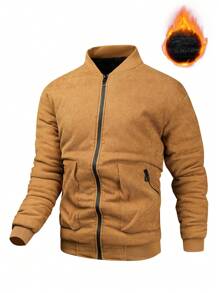 Manfinity Homme Men's Zip-Up Long Sleeve Pockets Casual Basic Padded Coat , Corduroy - Khaki - View 7