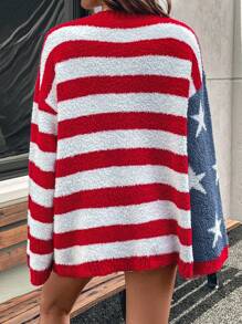 SHEIN LUNE 女士国旗印花针织开衫 - 紅色 - 查看 2