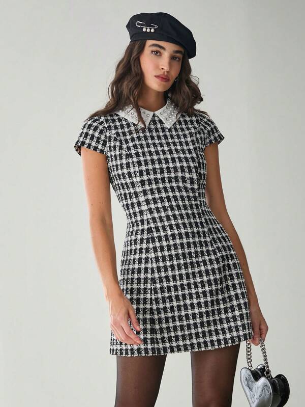 Enchnt Vestido corto elegante de manga corta con cuello contrastante de pata de gallo para mujer en verano