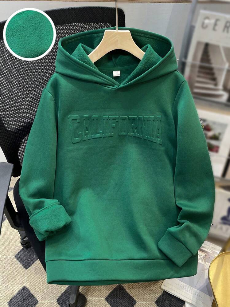 SHEIN Teen Boys' Casual Hooded Green Sweatshirt With Embossed English Text, Suitable For Autumn, Winter, Warmth, Collegiate, Leisure, Daily Wear, Sport, Birthday Party, Outing, All-Match And Simple Design - Green - View 7