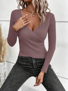 SHEIN Clasi 秋冬V领交叉裹身纯色长袖毛衣 - 紫色 - 查看 5