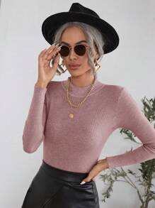 SHEIN Clasi 秋冬立领纯色修身长袖毛衣 - 紫色 - 查看 1
