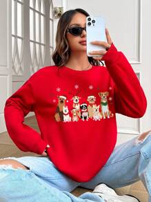 SHEIN EZwear 休闲简约圣诞帽小狗雪花印花图案红色圆领宽松厚实保暖内衬女士运动衫适合秋冬季圣诞节 - 紅色 - 查看 5