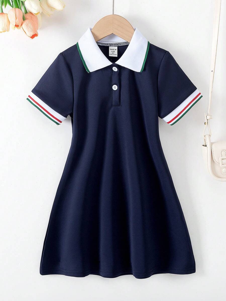 Girls Back To School College Style White Solid Color Peter Pan Collar Button Up Short Sleeve Dress - Navy Blue - View 1