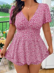 SHEIN SunnyBelle 大码 V 领短袖花卉印花休闲连体裤