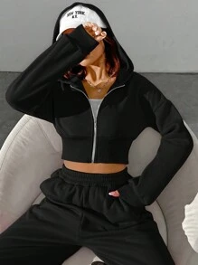 SHEIN EZwear Women's Spring Fashionable Black Zip Front Hoodie Sweatshirt And Pants Two Pieces Set - Black - View 3