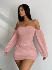 VaVaBold Fall/Winter Costume Off Shoulder Ruched Bodycon Sexy Mini Dress - Baby Pink - View 5