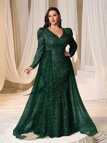 Faeriesty Plus Size Gigot Sleeve Mesh Patchwork High Slit Sequin Maxi Evening Dress - Dark Green - View 4