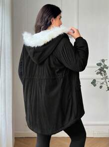 SHEIN EZwear Plus Size Women Black Thicken Fleece Cinched Waist Slim Fit Mid-Length Coat For Winter Thermal
