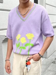 Manfinity Hypemode Suéter de punto de manga corta casual con cuello en V y estampado floral para hombres - Morado - Ver 4