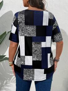 EMERY ROSE Plus Size Round Neck Short Sleeve Patchwork T-Shirt, Casual Daily Wear, For Summer