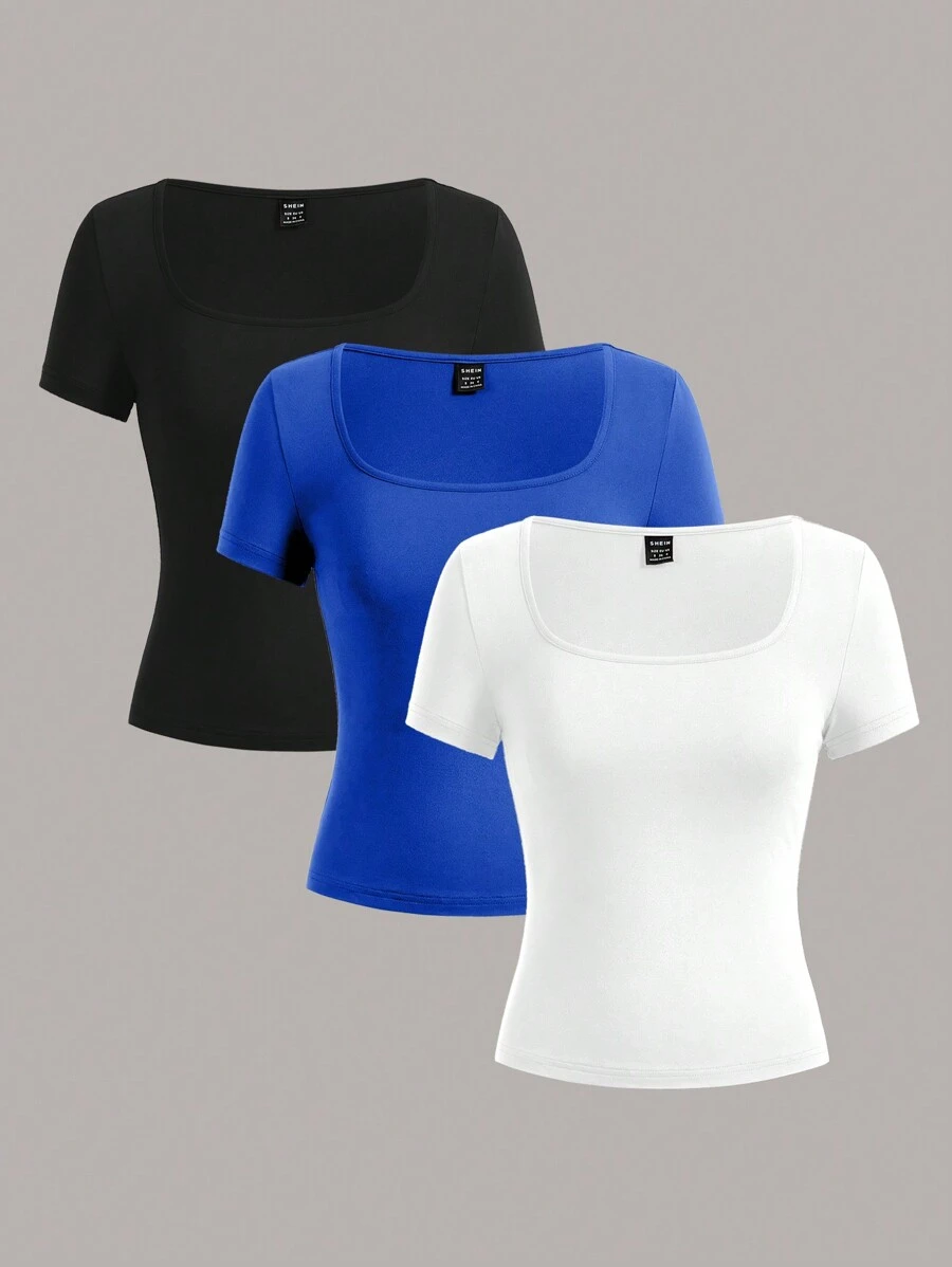 SHEIN EZwear 3 件女式黑色、白色、蓝色短袖短款休闲紧身 T 恤,适合夏季 - 彩色 - 查看 1