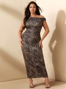 SHEIN BAE Plus Size Women Solid Leopard Print Sexy Asymmetric Shoulder Ruched Bodycon Dress, Summer - Multicolor - View 6