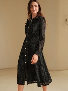 Anewsta 女式优雅领口金属蕾丝透明长袖 A 字形黑色衬衫裙 - 黑色 - 查看 3