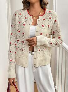 SHEIN LUNE 女士刺绣装饰休闲长袖开衫 - 杏色 - 查看 6