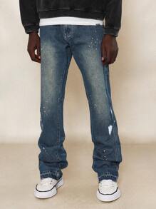 SUMWON Flare Fit Carpenter Denim Jean With Splatter Paint - Blue - View 2